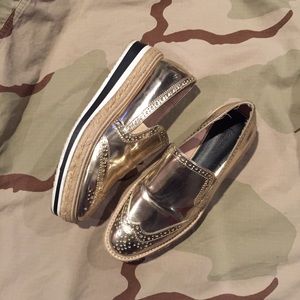 Zara Metallic Gold Brogue Slip on Platforms 37